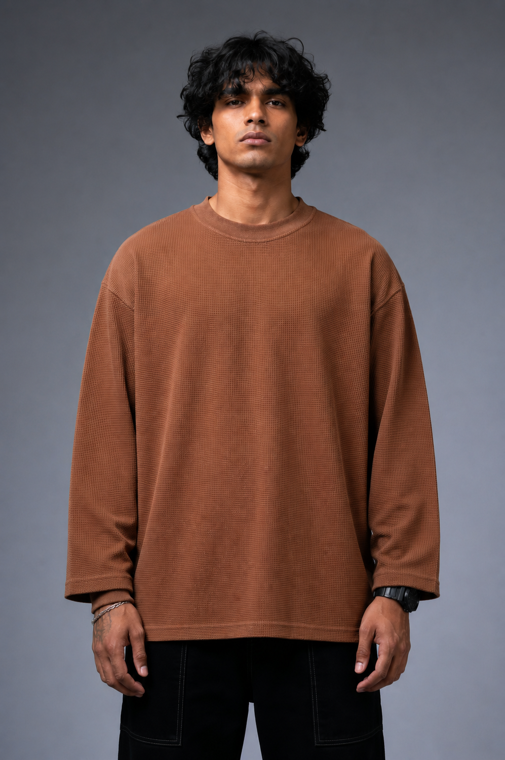 Rust Theory - Brown Waffle Knit Oversized Full Sleeve